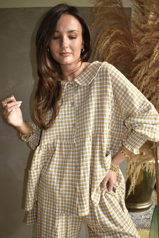 Annie Gingham Peter Pan Smock Blouse Mustard